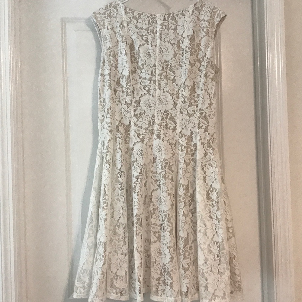 White lace dress with beige underlay